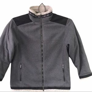 Cabela’s Jacket Women Large Sherpa Lined Fleece Zip Front Retro Elbow Patch Gray